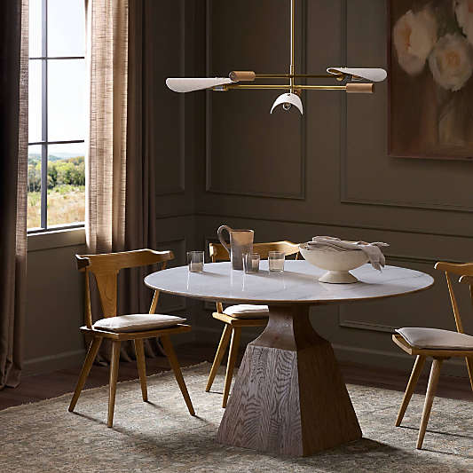 Eila 53" White Marble and Oak Wood Round Pedestal Dining Table
