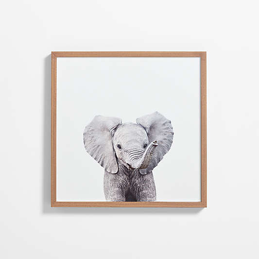 Baby Elephant Walnut Wood Framed Wall Art Print