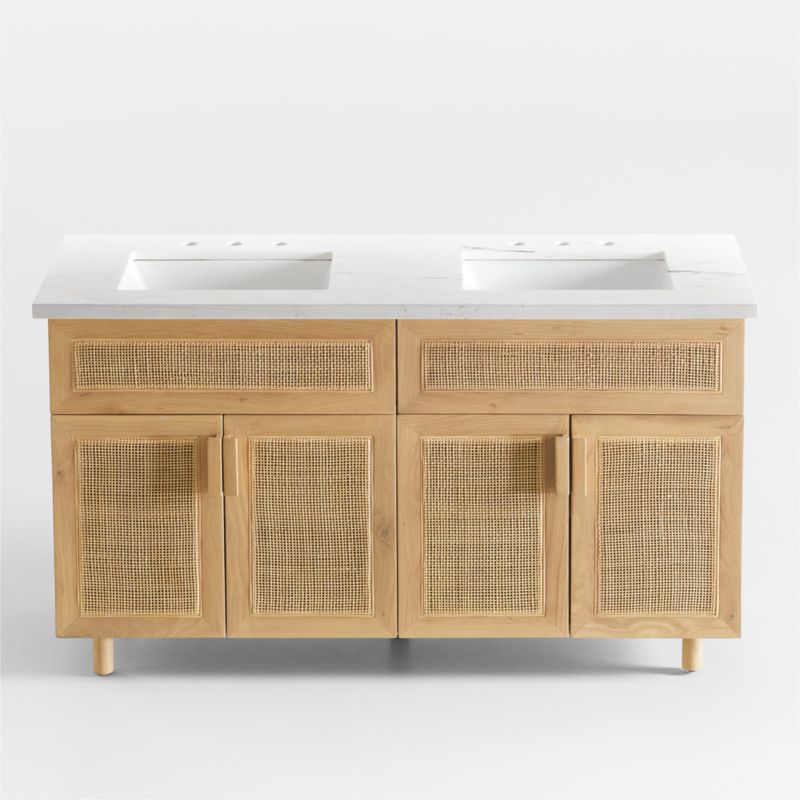 Eli 60" White Marble Top Double Sink Vanity with Cane and Natural Oak Wood Doors - image 8 of 20