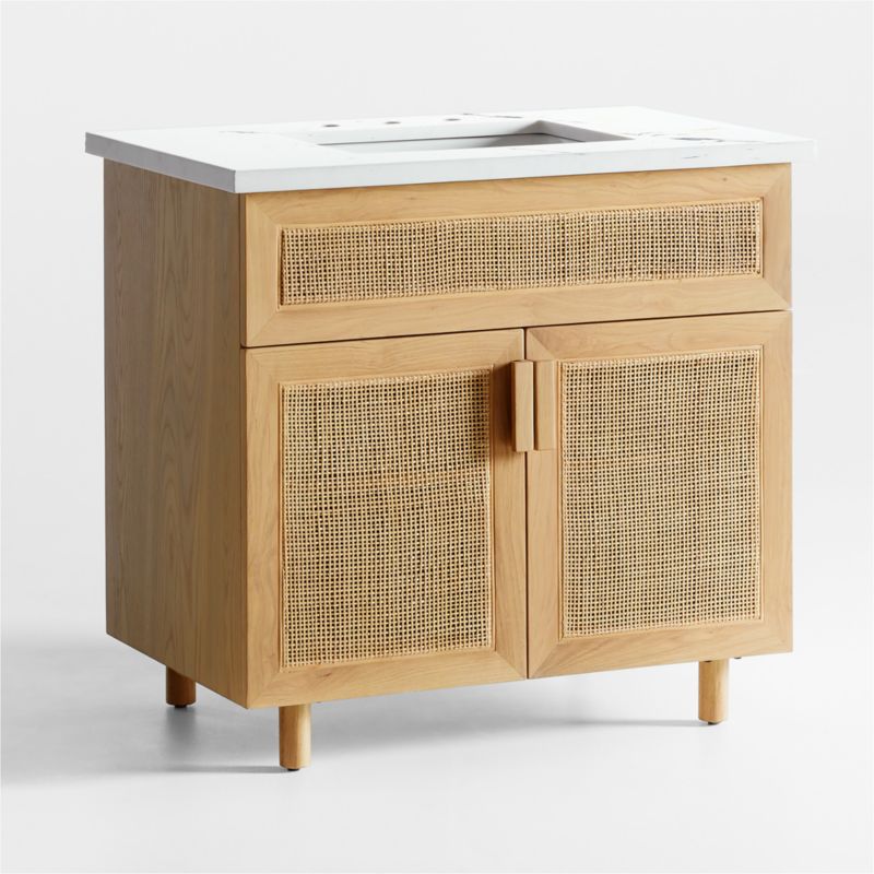 Eli 36" White Marble Top Single Sink Vanity with Cane and Natural Oak Wood Doors - image 3 of 13