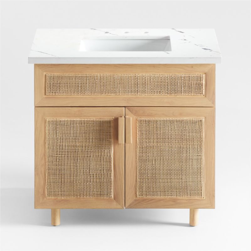 Eli 36" White Marble Top Single Sink Vanity with Cane and Natural Oak Wood Doors