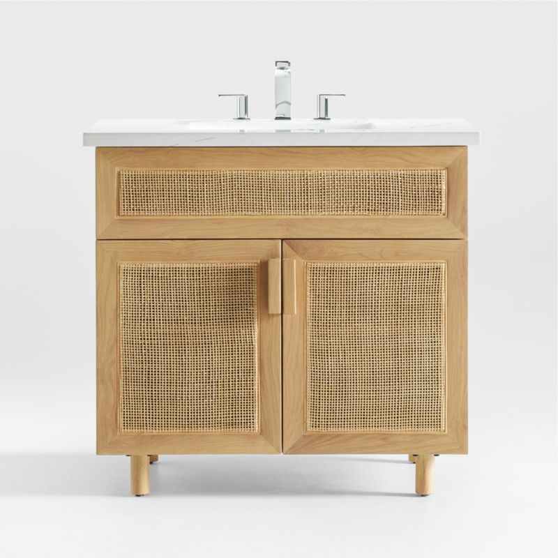 Eli 36" White Marble Top Single Sink Vanity with Cane and Natural Oak Wood Doors - image 2 of 13