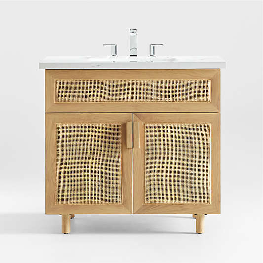 Eli 36" White Marble Top Single Sink Vanity with Cane and Natural Oak Wood Doors