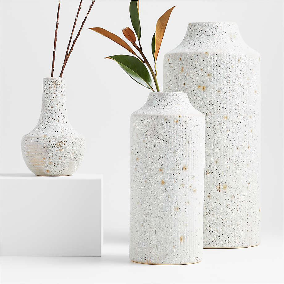 Modern Minimalist White Ceramic Decor Vase Set of 3, Neutral Small Ribbed  Vases for Table, Shelf, Bookshelf, and Entryway