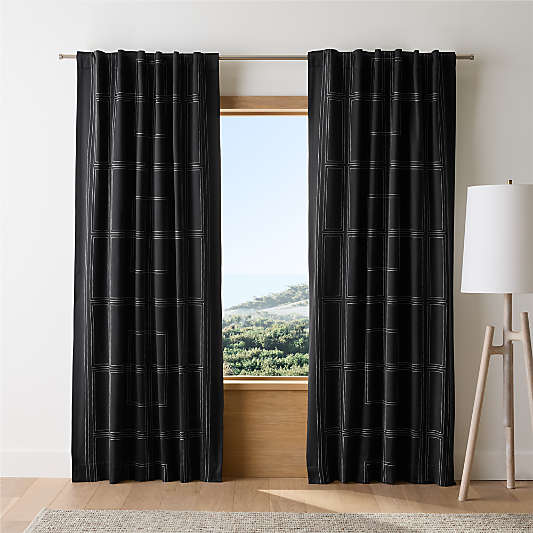 Embroidered Craftsman Midnight Navy/Crisp White Organic Cotton Sateen Blackout Window Curtain Panel