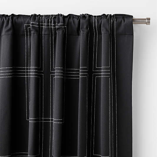 Embroidered Craftsman Midnight Navy/Crisp White Organic Cotton Sateen Blackout Window Curtain Panel