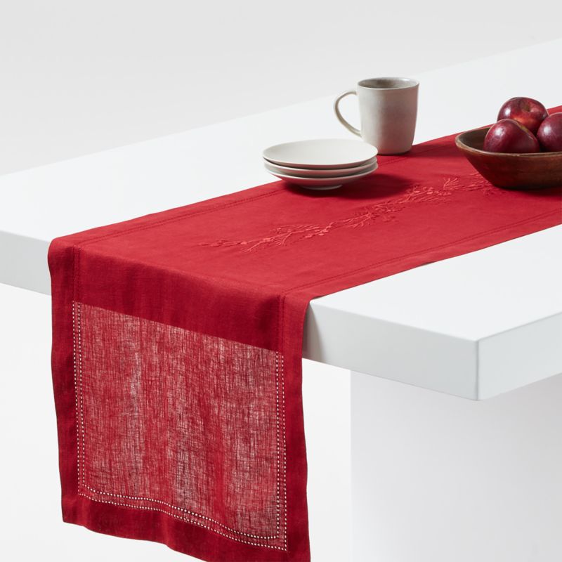 Red Embroidered Pinecone 120" EUROPEAN FLAX ™-Certified Linen Table Runner - image 0 of 2