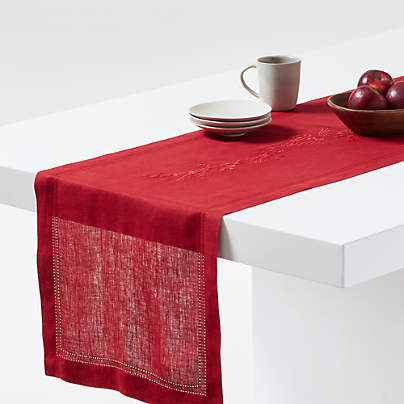 Red Embroidered Pinecone 120" EUROPEAN FLAX ™-Certified Linen Table Runner