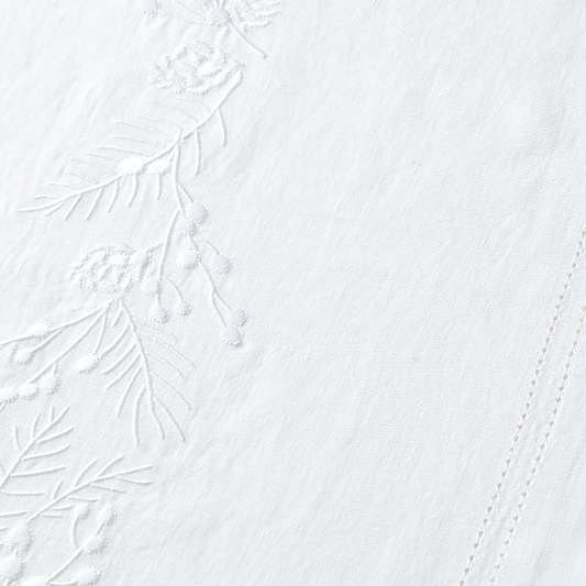 White Embroidered Pinecone 120" EUROPEAN FLAX ™-Certified Linen Table Runner