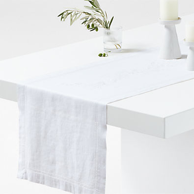 View White Embroidered Pinecone 120" EUROPEAN FLAX ™-Certified Linen Table Runner details