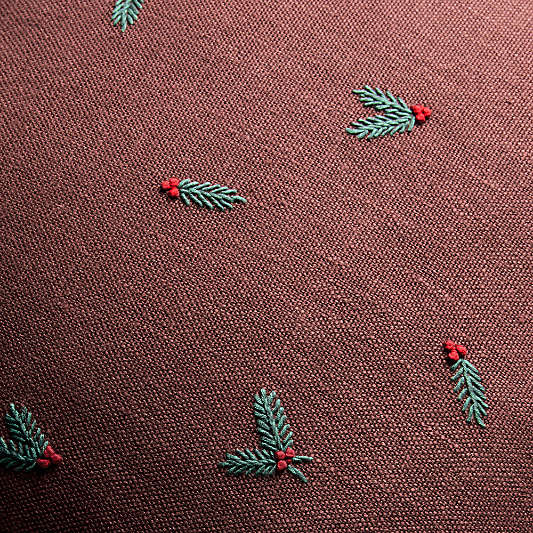Embroidered Holly Linen 20"x20" Throw Pillow
