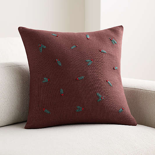 Embroidered Holly Linen 20"x20" Throw Pillow Cover