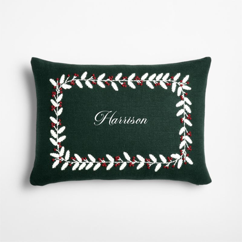 Embroidered Holly Leaves Linen 22"x15" Spruce Green Throw Pillow Cover - image 2 of 5