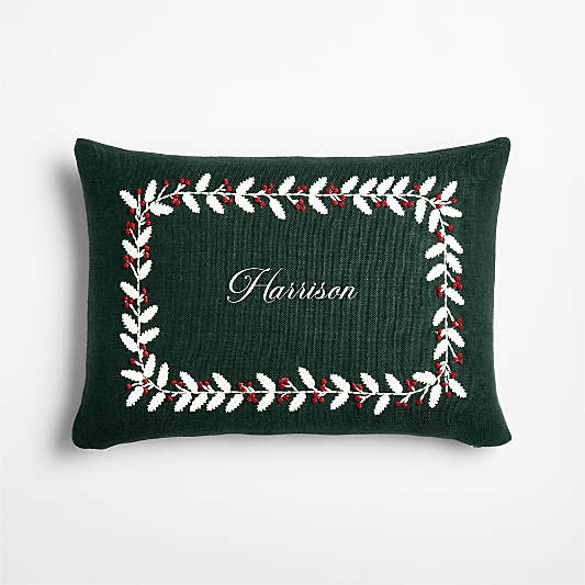 Embroidered Holly Leaves Linen 22"x15" Spruce Green Throw Pillow
