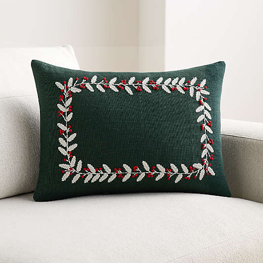 Embroidered Holly Leaves Linen 22"x15" Spruce Green Throw Pillow