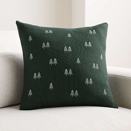 Embroidered Trees Linen 20"x20" Spruce Green Throw Pillow Cover