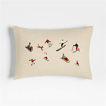Embroidered Skiers Linen 22"x15" Throw Pillow with Feather Insert
