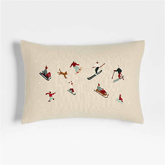 Embroidered Skiers Linen 22"x15" Throw Pillow