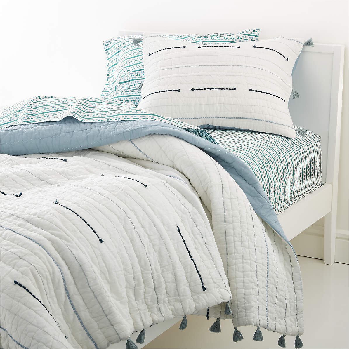Blue Embroidered Texture Stripe Voile, Cream Textured Duvet Cover