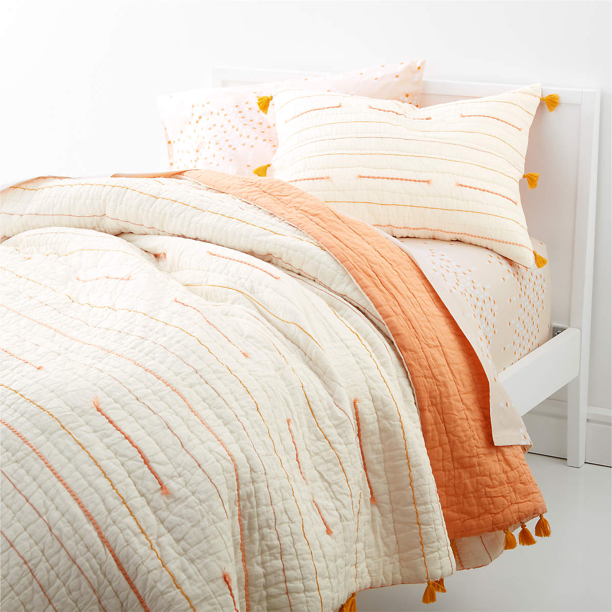 Peach Embroidered Texture Stripe Voile, Monogrammed Twin Bedspreads