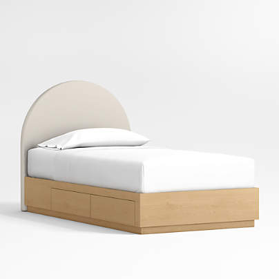 Emma Cream Upholstered Arched Kids Twin Bed with Natural Wood Storage Base