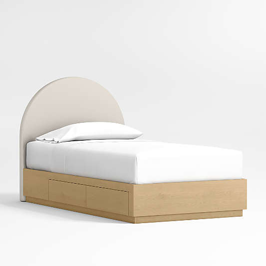 Emma Cream Upholstered Arched Kids Bed with Natural Wood Storage Base