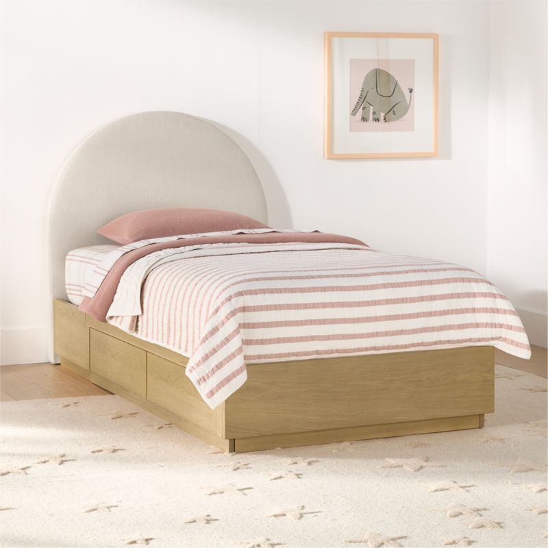 Emma Cream Upholstered Arched Kids Full Bed with Natural Wood Storage Base - image 3 of 10