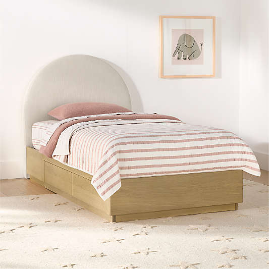 Emma Cream Upholstered Arched Kids Bed with Natural Wood Storage Base