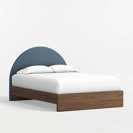 Emma Denim Blue Upholstered Kids Full Headboard with Deep Brown Wood Base