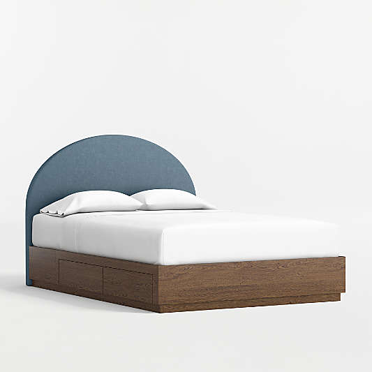 Emma Denim Blue Upholstered Kids Full Headboard with Deep Brown Wood Storage Base