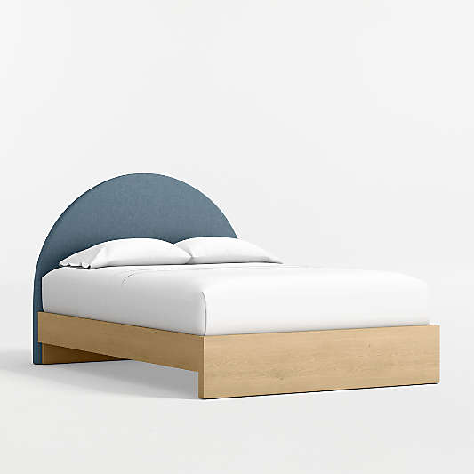 Emma Denim Blue Upholstered Kids Full Headboard with Natural Wood Base