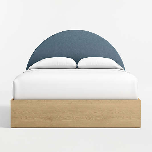 Emma Denim Blue Upholstered Kids Full Headboard with Natural Wood Base