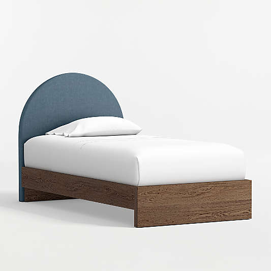 Emma Denim Blue Upholstered Kids Headboard with Deep Brown Wood Base