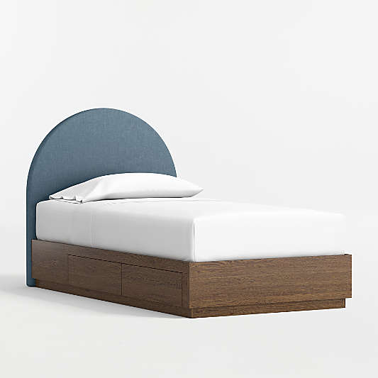 Emma Denim Blue Upholstered Kids Headboard with Deep Brown Wood Storage Base