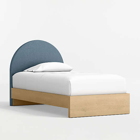 Emma Denim Blue Upholstered Kids Full Headboard with Natural Wood Base