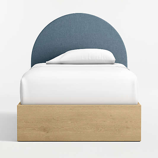 Emma Denim Blue Upholstered Kids Twin Headboard with Natural Wood Base