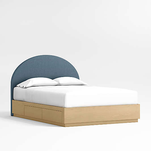 Emma Denim Blue Upholstered Arched Kids Full Bed with Natural Wood Storage Base
