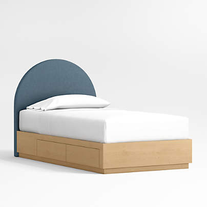 Emma Denim Blue Upholstered Arched Kids Twin Bed with Natural Wood Storage Base
