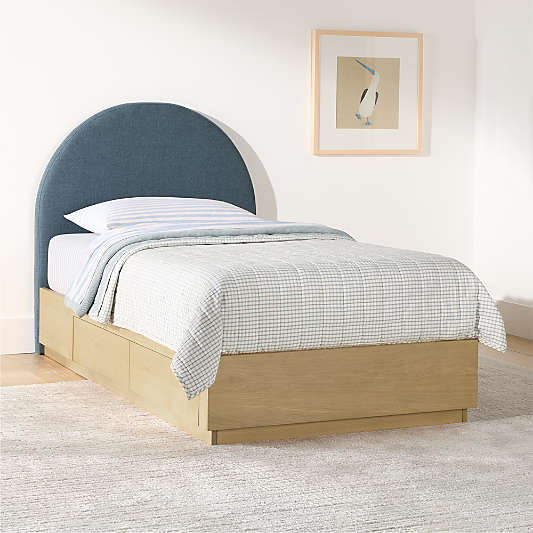 Emma Denim Blue Upholstered Arched Kids Bed with Natural Wood Storage Base