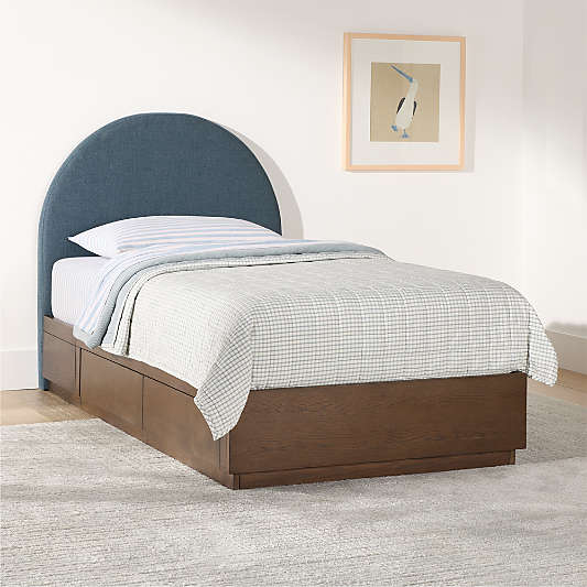 Emma Denim Blue Upholstered Kids Headboard with Deep Brown Wood Storage Base