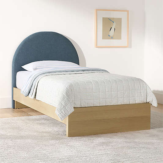 Emma Denim Blue Upholstered Kids Twin Headboard with Natural Wood Base