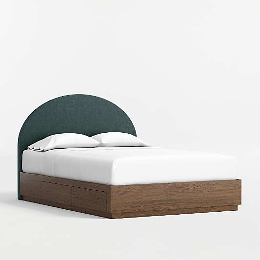 Emma Jungle Green Upholstered Kids Full Headboard with Deep Brown Wood Storage Base