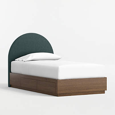 Emma Jungle Green Upholstered Kids Twin Headboard with Deep Brown Wood Storage Base