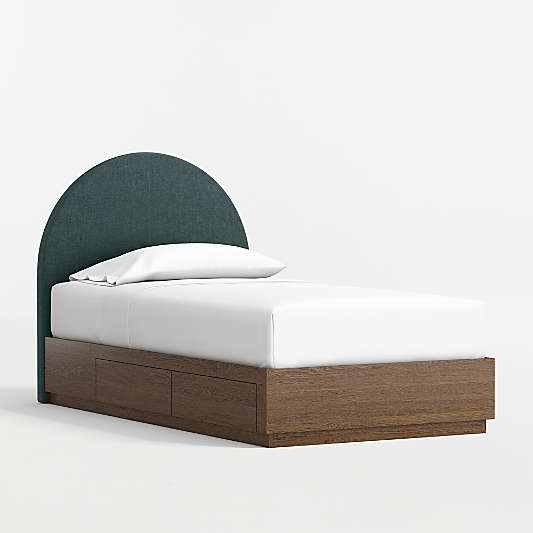 Emma Jungle Green Upholstered Kids Twin Headboard with Deep Brown Wood Storage Base
