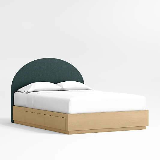 Emma Jungle Green Upholstered Arched Kids Full Bed with Natural Wood Storage Base