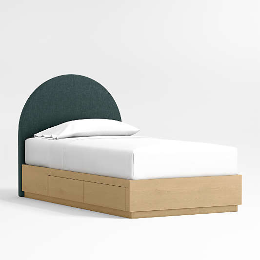 Emma Jungle Green Upholstered Arched Kids Bed with Natural Wood Storage Base