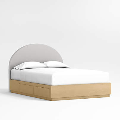 Emma Grey Upholstered Arched Kids Full Bed with Natural Wood Storage Base