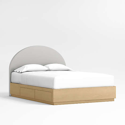 Emma Grey Upholstered Arched Kids Full Bed with Natural Wood Storage Base