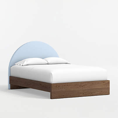 Emma Light Blue Upholstered Kids Full Headboard with Deep Brown Wood Base
