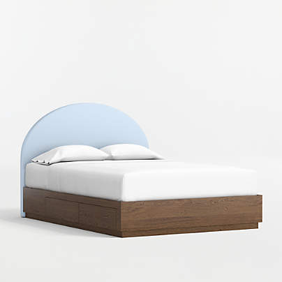 Emma Light Blue Upholstered Kids Full Headboard with Deep Brown Wood Storage Base